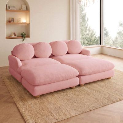Canapé Comfy en chenille, canapé 4 places profond avec 4 coussins décoratifs, repose-pieds mobile, structure en bois massif pour le salon, la chambre à coucher, rose