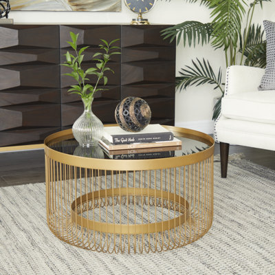 Gold Metal Living Room Coffee Table with Clear Glass Top, 32" x 32" x 18"