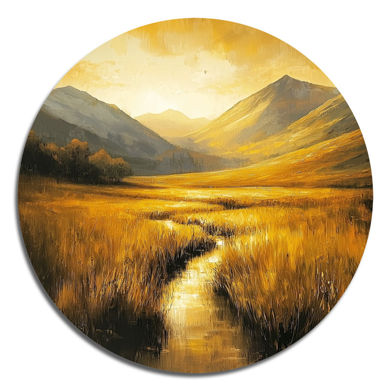 «Golden Light In The Valley - Mountains», impression murale en métal traditionnelle jaune, H 29 po x l 29 po