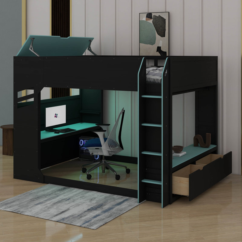 Lit mezzanine double en bois avec bureau à hauteur réglable, tiroirs, compartiments de rangement, tringle et lumières, Bleu