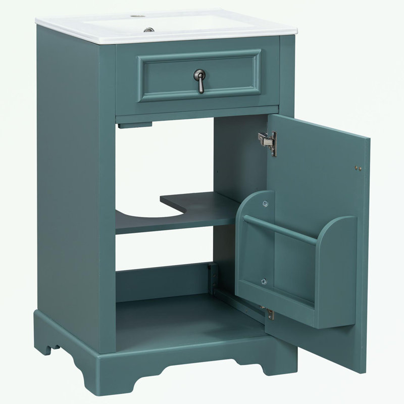 Meuble-lavabo de salle de bain avec lavabo en céramique, tablette réglable et support de rangement fixé à la porte, Vert