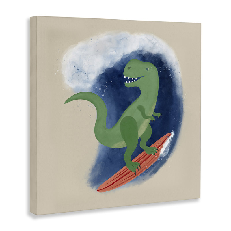 «Surfing Dino T-Rex», art mural sur toile par Carrie Cantwell, H 17 po x l 17 po