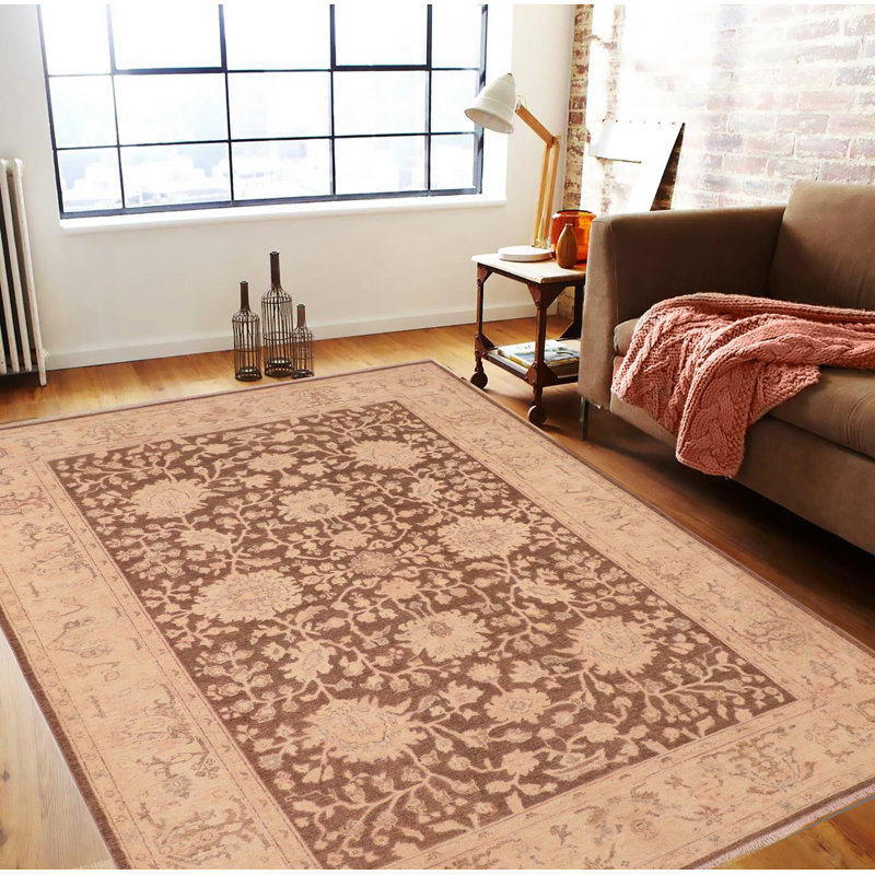 Tapis brun / crème en laine noué à la main 6 pi x 8 pi 10 po Baccio