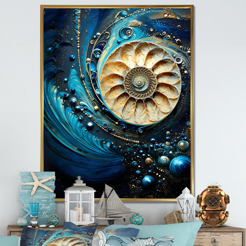 Nautilus, saphir, coquillages I sur toile, H 32 po x l 24 po x P 1 po, Cadre flottant doré