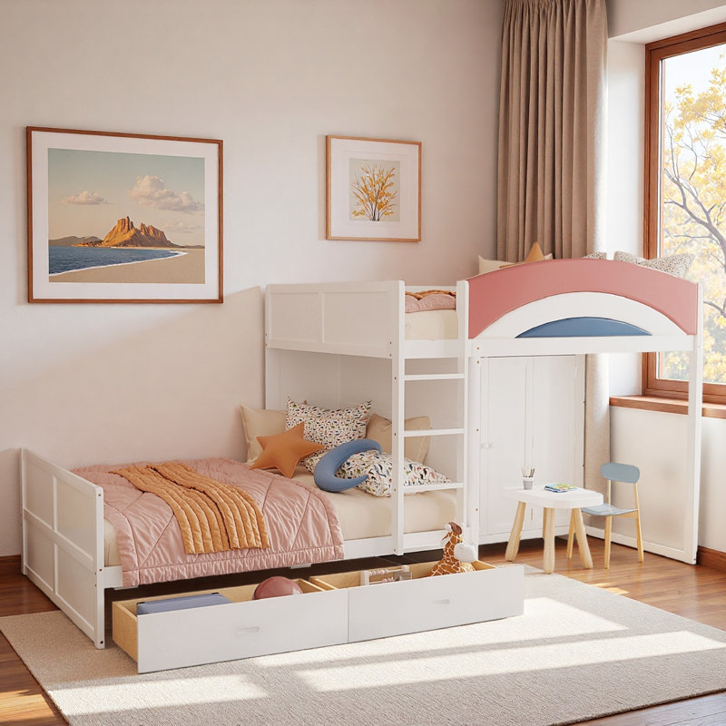 Bunk Bed With Upholstered Guardrail, Drawers, Wardrobe And Built-in Hanging Rod, White