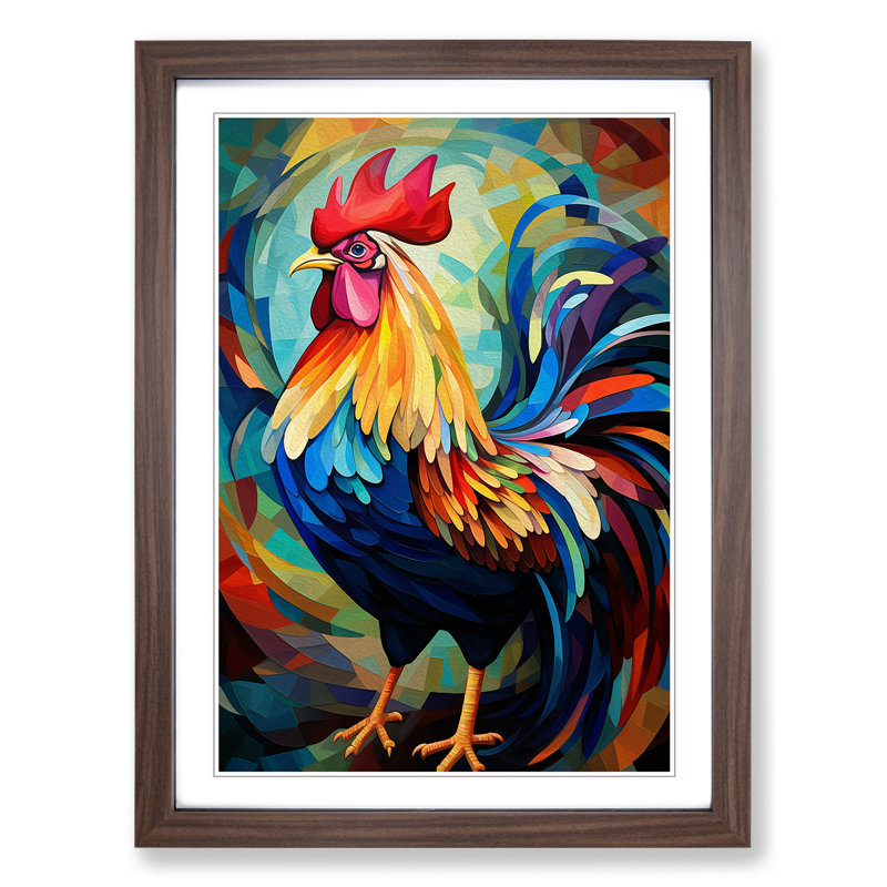 Rooster Orphism - Single Picture Frame Print on Wood, 34cm H x 25cm W x 2cm D, Walnut