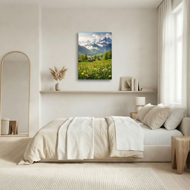 Art mural sur toile, "Snowy Mountain Range Over Green Hills", H 30 po x l 20 po