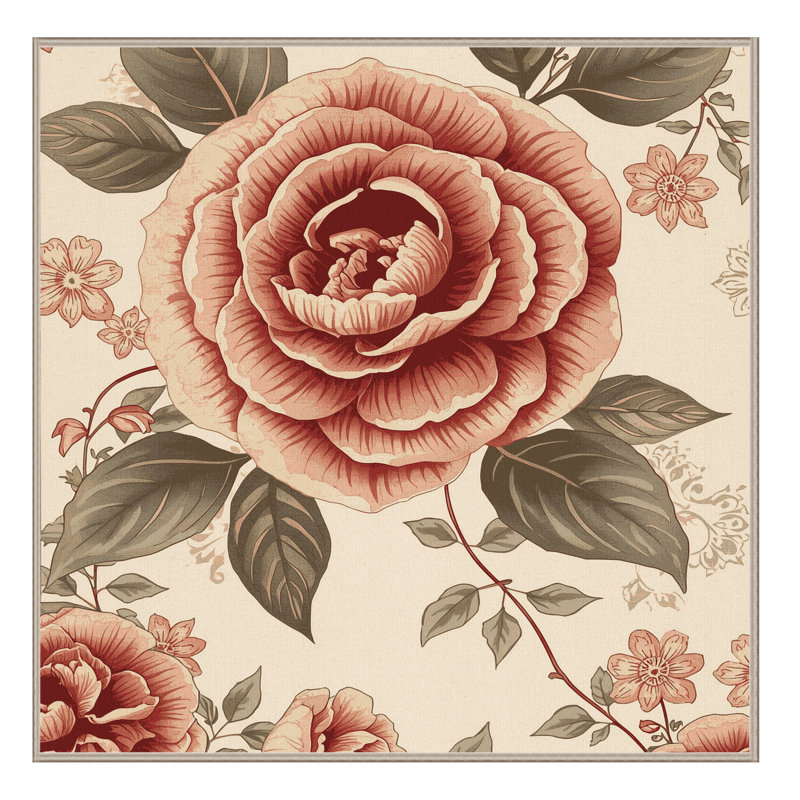 Tapis floral beige lavable à la machine Camellia, Carré 6 pi
