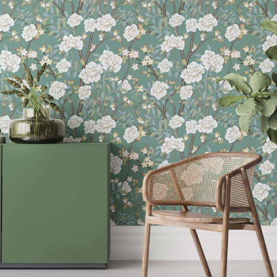 Green Flowers Peel And Stick Removable Wallpaper 2863