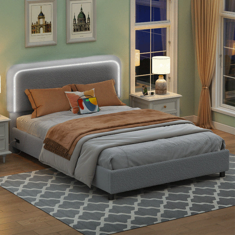 Bed Frame, Adjustable Rounded Corners Headboard with LED Lights, Upholstered Bed Frame with Charging Station, No Box Spring Required, Easy Assembly,