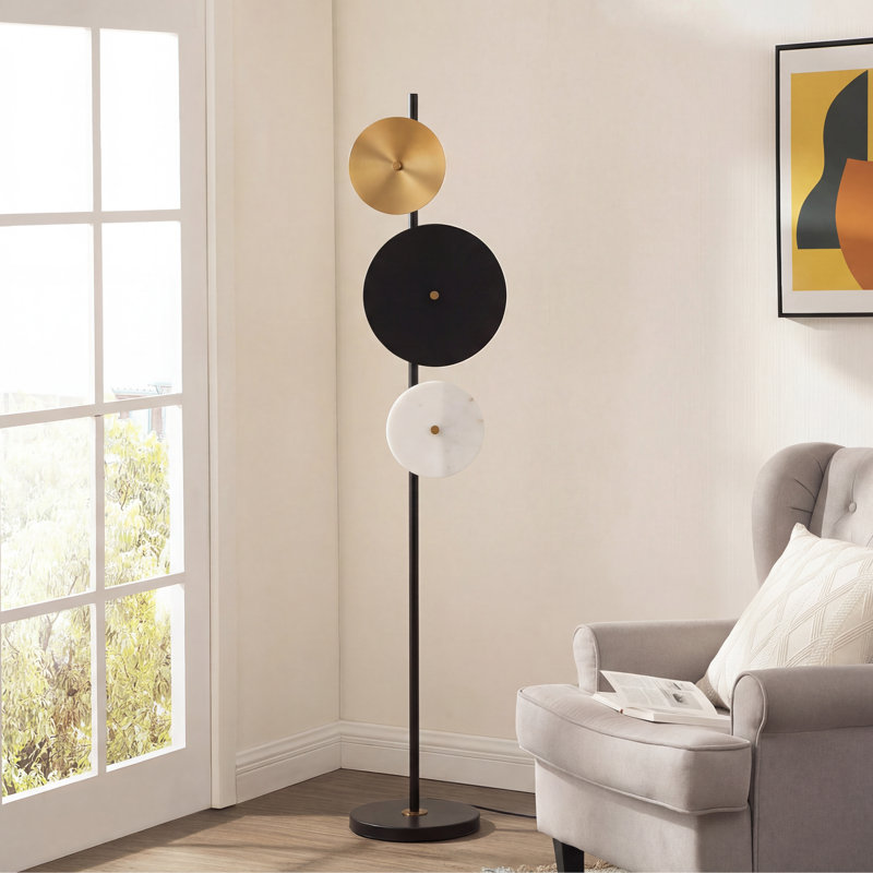 13"46 Tall 3-light Modern Mid-century Floor Lamp With Marble Disc Accents, Black & Brass Standing Lamp With Foot Switch For Living Room