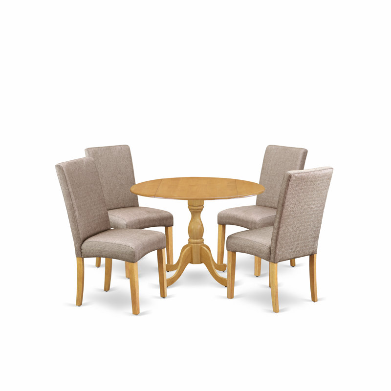 5 Piece Dining Set Includes a Round Dining Room Table with Dropleaf and 4 Dark Khaki Linen Fabric Upholstered Parson Chairs, Oak