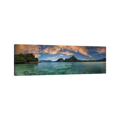 Boat In Lagoon With Mountain In The Background, El Nido, Palawan, Philippines - Wrapped Canvas Panoramic Print
