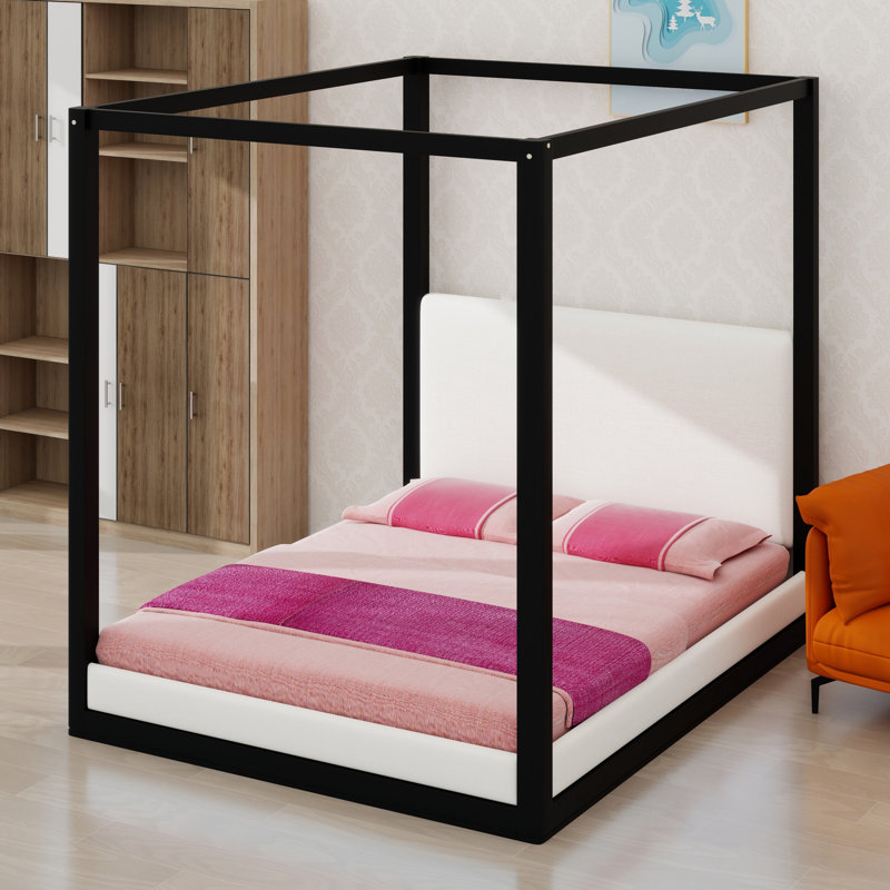 Lit plateforme à baldaquin pour chambre à coucher, tête de lit tapissier, Black Frame+White Fabric, Queen