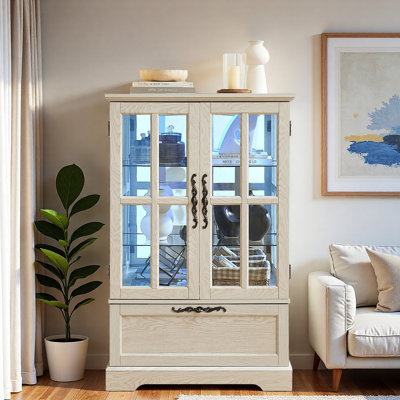 Vitrine avec bande lumineuse RVB en couleur, tablettes en verre réglables en hauteur et tiroir rabattable
