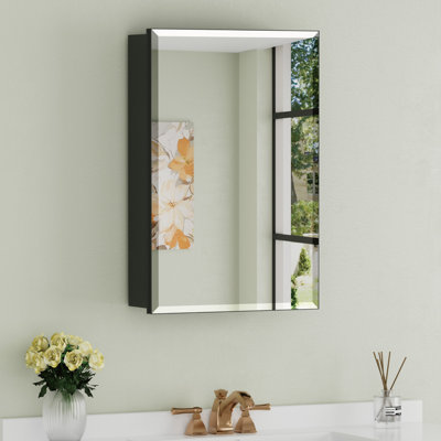 Armoire à pharmacie noire 40,6 cm (L) x 61 cm (H) avec miroir biseauté, étagères en verre ajustables, fixation murale ou encastrée, rangement gain de place pour salle de bain, salle d'eau ou appartement