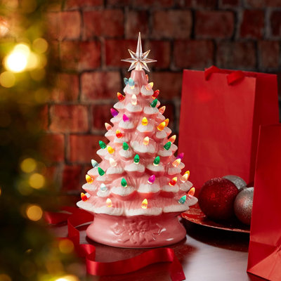 Arbre de Noël en céramique peint à la main, arbre enneigé de 15 pouces avec 128 lumières multicolores et 2 étoiles