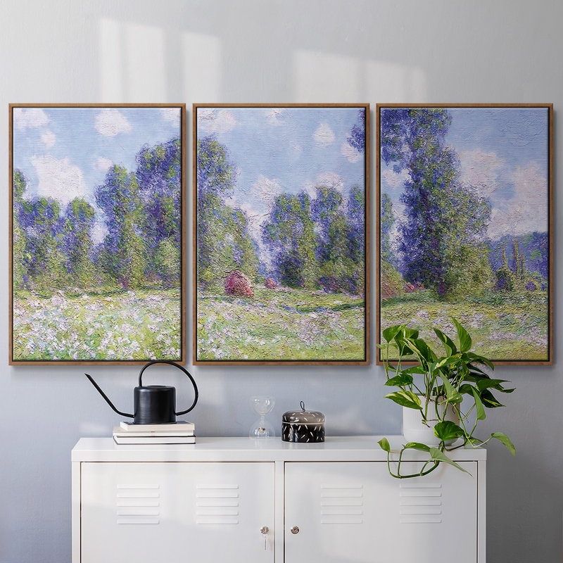 Meadow In Giverny, Spring Effect, 1890, reproduction d'art encadrée sur toile 3 pièces, Noyer, H 40 po x l 78 po x P 2 po
