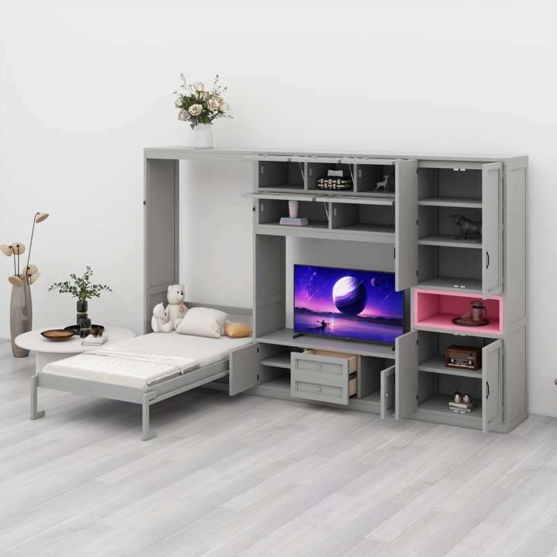 Lit escamotable en bois avec meuble télé, 2 tiroirs, tablettes et armoires, Gris