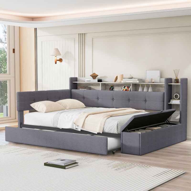 Twin Size LED Light Upholstery Daybed With Storage Footstool And Trundle And USB Charging, Gray, Twin