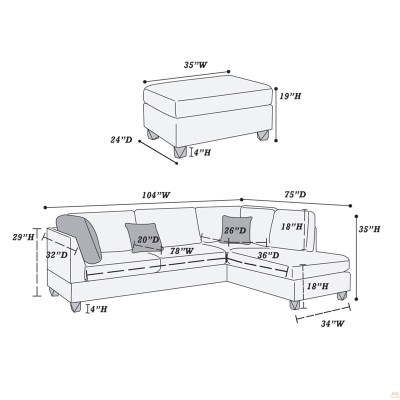 Reversible Polyfiber Sectional Sofa With Ottoman, Grey