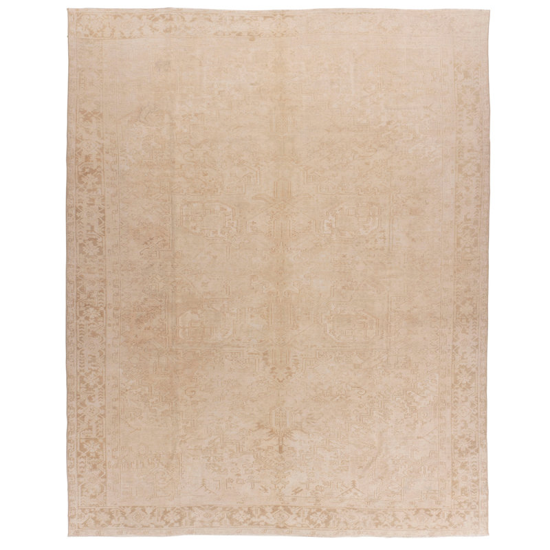 Tapis rectangulaire unique en laine beige \/ brun \/ ivoire de 10 pi x 12 pi 5 po des années 1940
