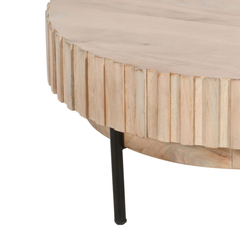 36 Inch Modern Handcrafted Round Coffee Table, Oak White Wood Top with Grooved Edges, Black Iron Legs