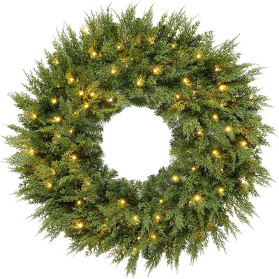 Couronne de Noël en cèdre pré-éclairée avec lumières DEL scintillantes, grande couronne de Noël réaliste pour porte d'entrée, mur, fenêtre, porche, manteau de cheminée et décoration intérieure ou extérieure