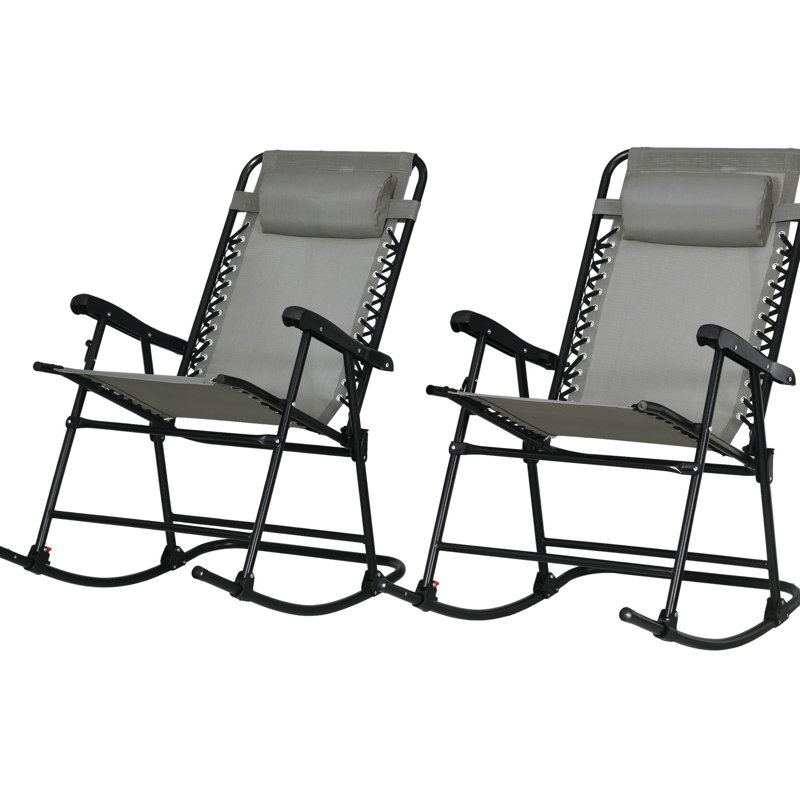Chaise berçante d'extérieur 2 pièces - Gris pour patio, terrasse, cour. Pliable, ergonomique, résistant aux intempéries, acier thermolaqué avec appuis-tête, pliable