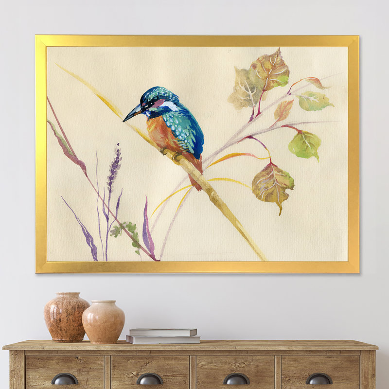 Oiseau martin-pêcheur commun - reproduction sur toile, H 30 po x l 40 po x 1,5 po, Toile encadrée d'or