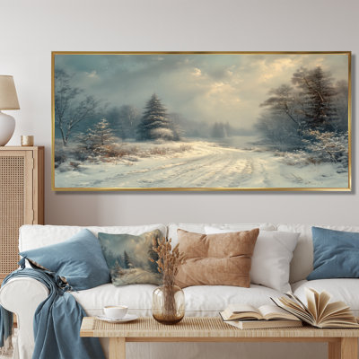 White Grey Winter road into forest III - Winter Landscape Canvas Wall Art