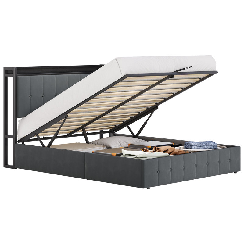 Structure de grand lit avec rangement relevable, lit tapissier en velours avec tête de lit, lit plateforme en métal, support hydraulique, aucun sommier tapissier requis, gris