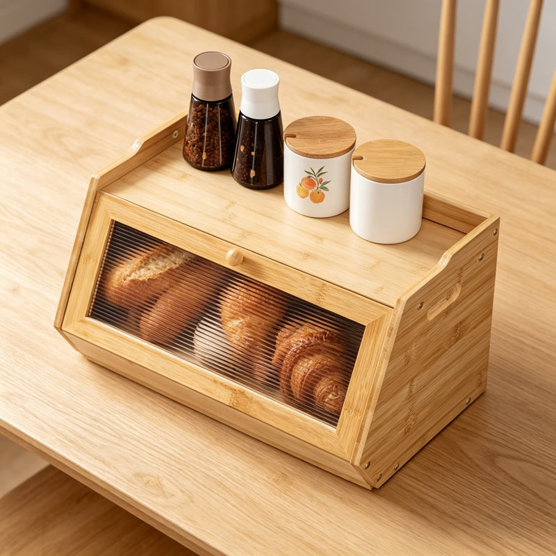 Grande boîte à pain en bambou pour comptoir de cuisine, contenant de pain de ferme avec porte rabattable en acrylique à motif de vagues