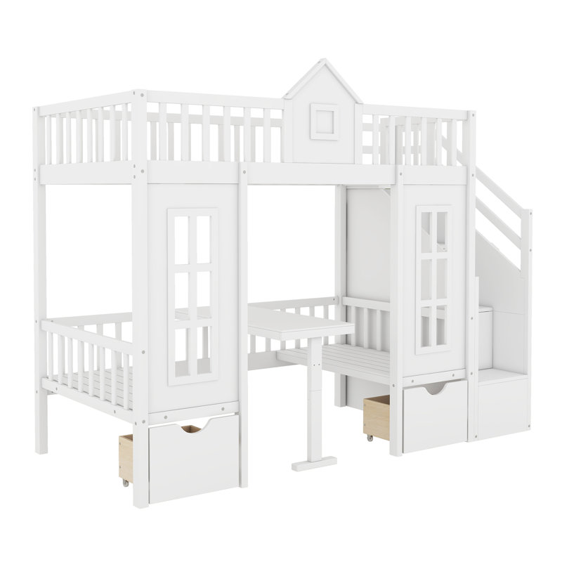 Twin-Over-Twin Bunk Bed With Changeable Table, Bunk Bed Turn Into Upper Bed And Down Desk -White