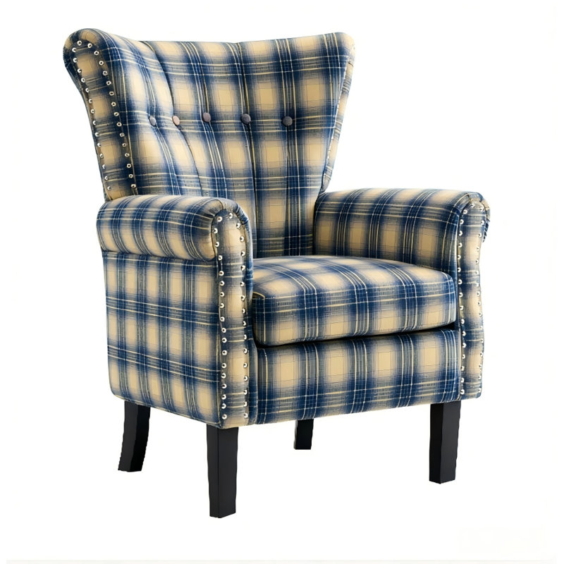 Velvet Accent Chair Upholstered Tufted Wingback With Nailhead Around For Room, Black/Yellow Fabric
