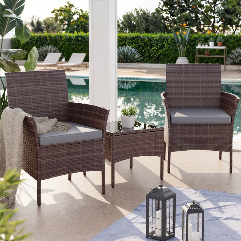 2-Person Outdoor Wicker Bistro Set with Cushions & Coffee Table – 3-Piece Seating for Balcony, Porch, or Small Patio, Available in 6 Versatile Options