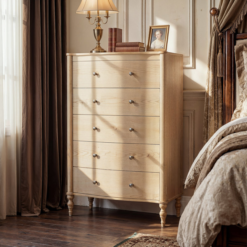 47.2'' H Vintage 5-Drawer Vertical Dresser With Curved Panels & Solid Wood Base, Yellow Wood