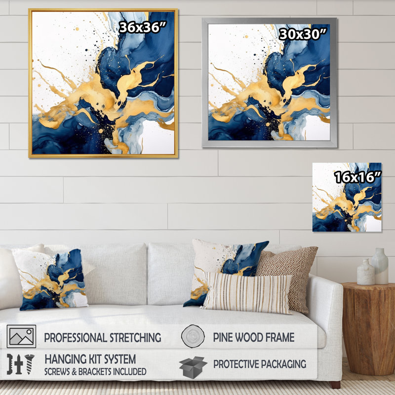 Art mural bleu foncé et or II - Fractals, Cadre doré à une seule photo, H 16 po x l 16 po x P 1 po