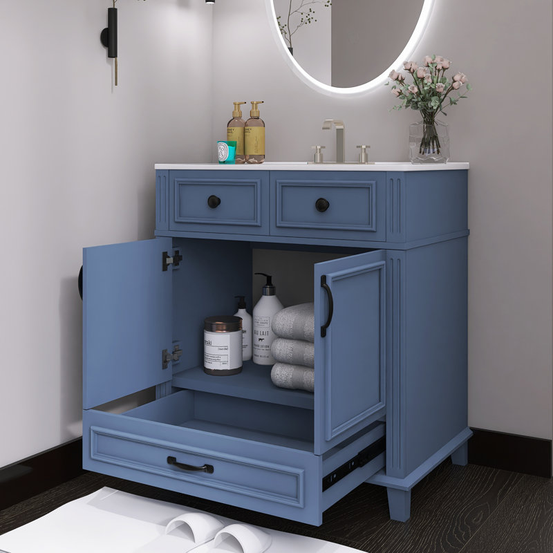 30 po Meuble-lavabo autoportant simple avec lavabo en céramique, Bleu / Noir