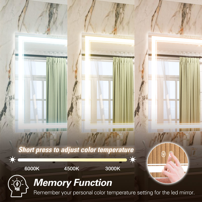 Adorna Frameless LED 3 Color Dimmable Lighting Bathroom Vanity Mirror, Memory Function, Anti-fog, 24" x 32"