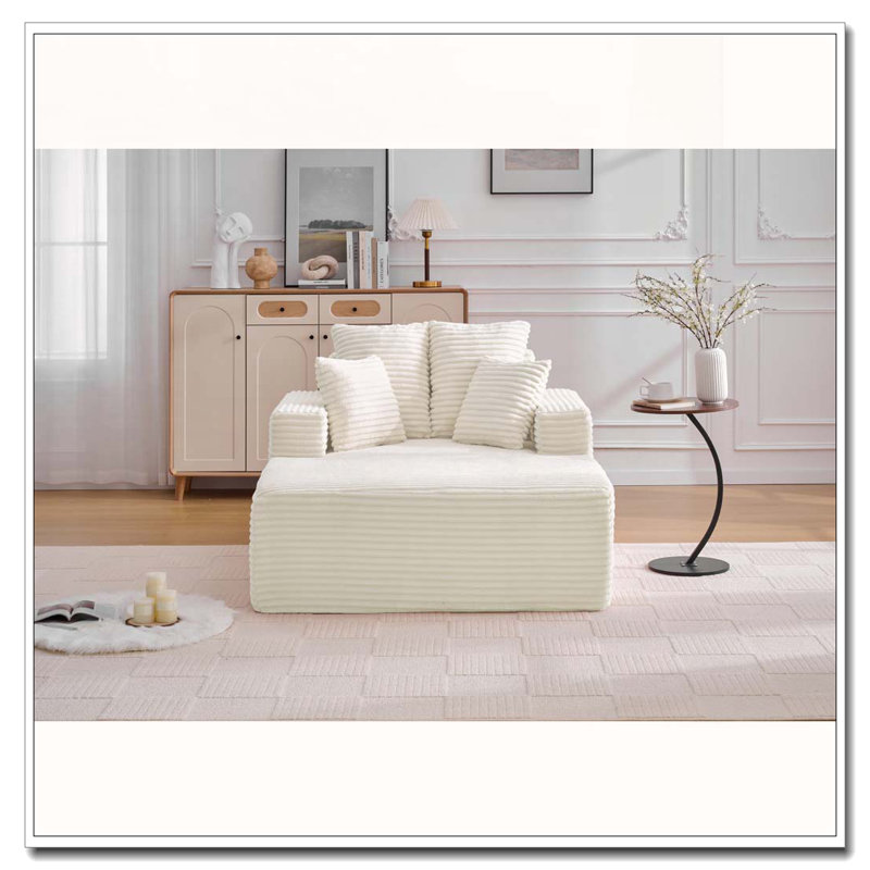 Modern Upholstered Corduroy Longue Chair Indoor, Beige-1