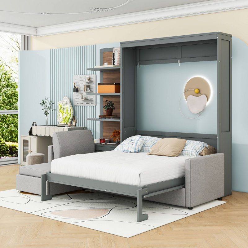 Grand lit escamotable avec canapé et tablettes, gris
