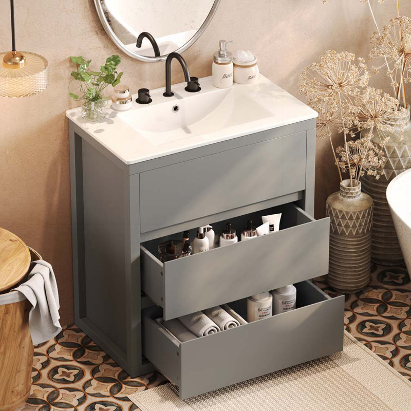 Meuble-lavabo 30 po avec lavabo en céramique et 2 tiroirs pleine extension, Gris
