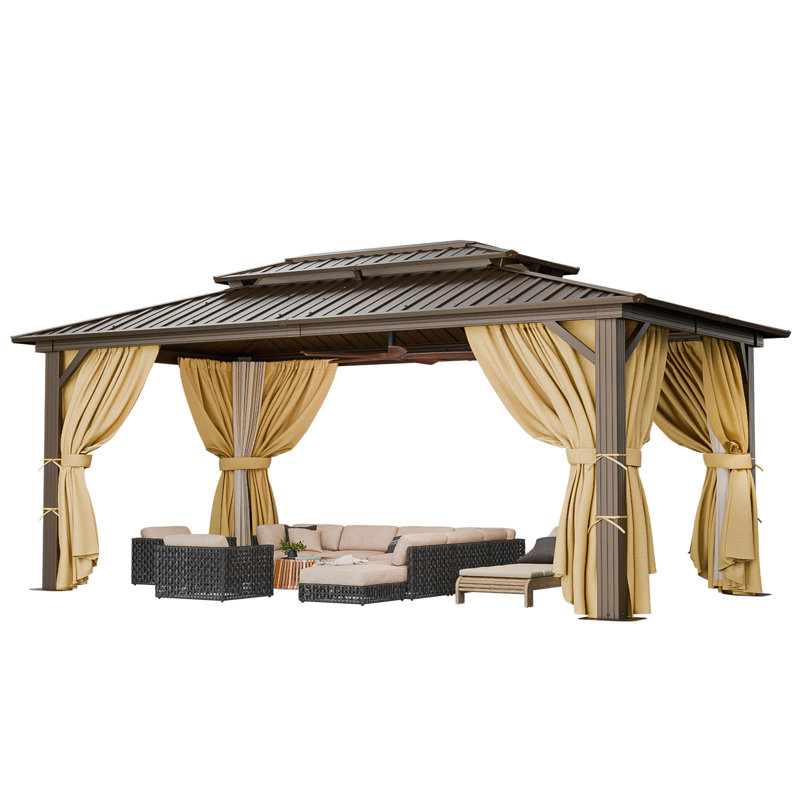 Hardtop Gazebo 10x12 Heavy Duty Gazebo with Galvanized Steel Double Roof, Hot Tub Gazebo（3.0）, Brown