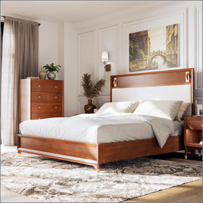 Grand lit moderne de style Mid-Century avec bois massif noyer, tête de lit tapissier et lampes de lecture à DEL pour les chambres élégantes