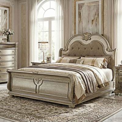 Wooden Platform Bed with Upholstered Headboard