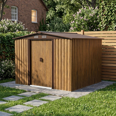 8x8FT Apex Roof Metal Garden Storage Shed with Sliding Door