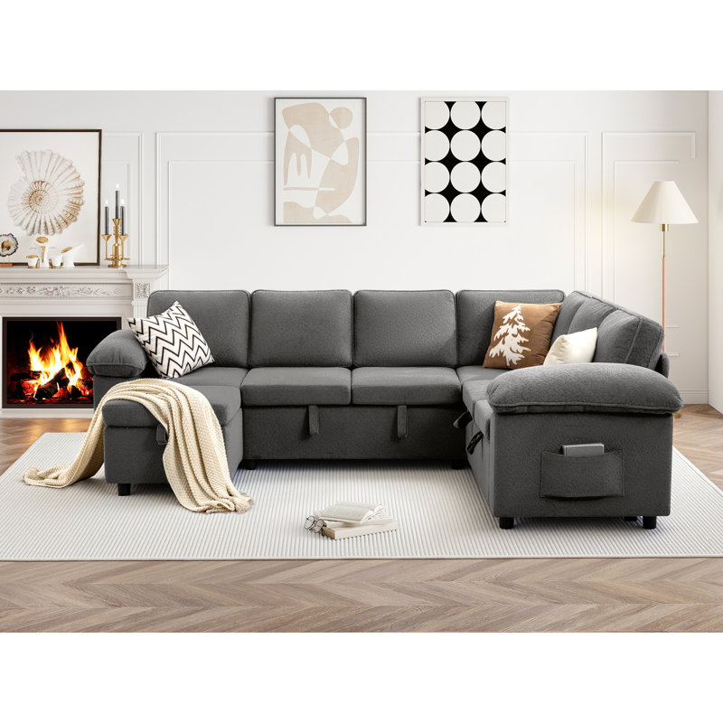Waldorf 107.9" 7-Seat U-Shaped Sectional Sleeper Sofa with Pull-Out Bed Storage and Ottoman, Gray Polyester Blend