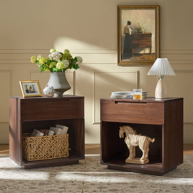 Wallburg Modern 1-Drawer Solid Wood End Table Fully Assembled and Built-In Outlet(Set of 2), Charcoal