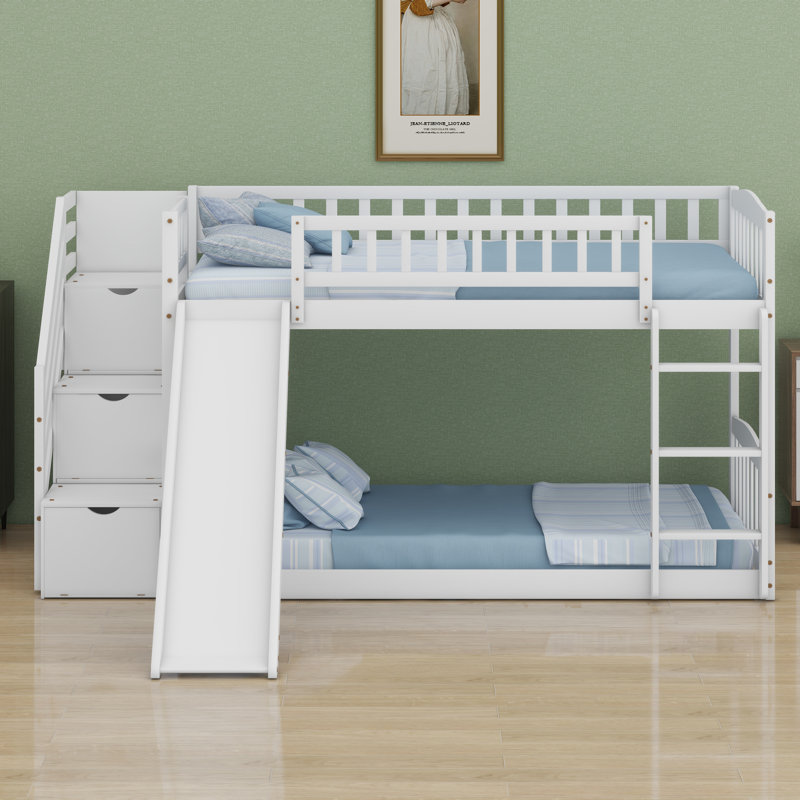 Lit superposé avec escalier de rangement et glissade, Blanc